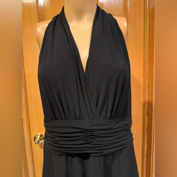 Evan Picone Black Halter Top V-Neck 3 Tier Midi Dress SZ 12 - Picture 2 of 6